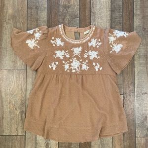 Polagram | Brown Flowy Embroidered Boho Top | Size S